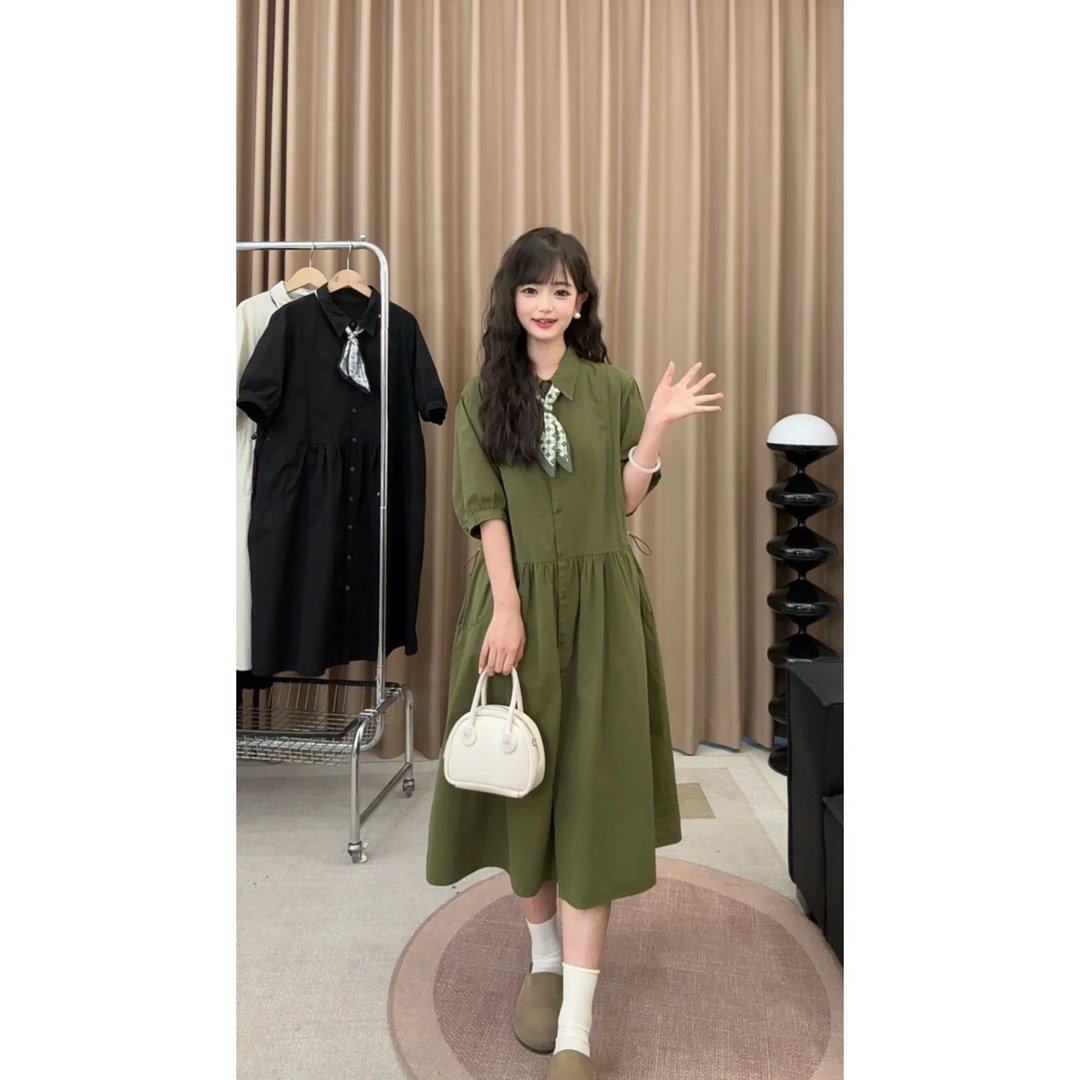 【璟衣服饰】夏季polo领拼接捏褶收腰设计纯色百搭衬衫连衣裙Z1964