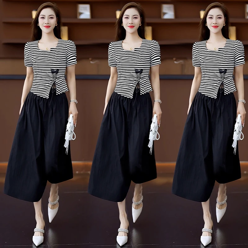 时尚套装女2025夏季新款洋气显瘦减龄短袖条纹T恤+阔腿裤两件套潮