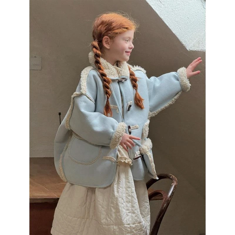 韩系童装2025冬季新款女童外套皮毛一体复合保暖中长款大衣