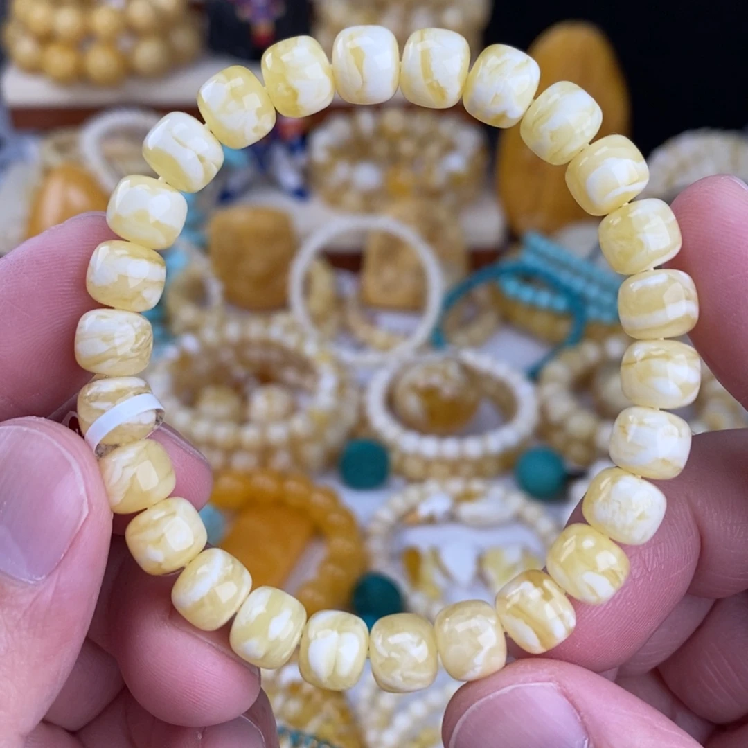 蜜蜡未镶嵌手链瓷白细纹虎皮纹8.6mm