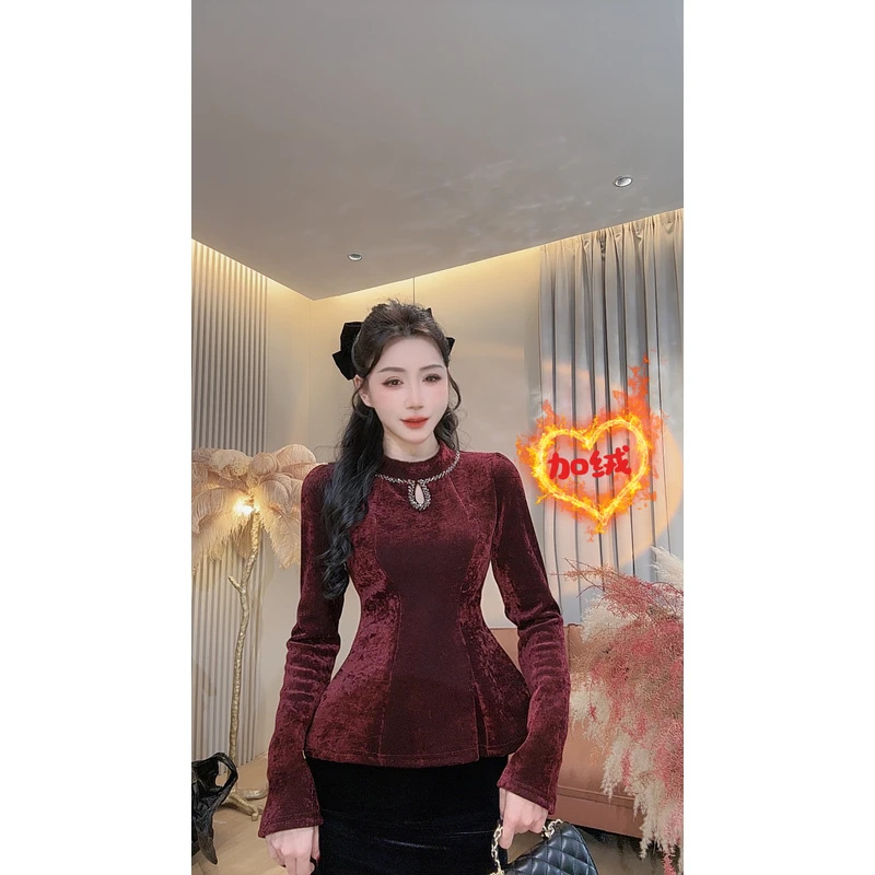 【美美专享】11132法式气质钻钻收腰显瘦荷叶边上衣女