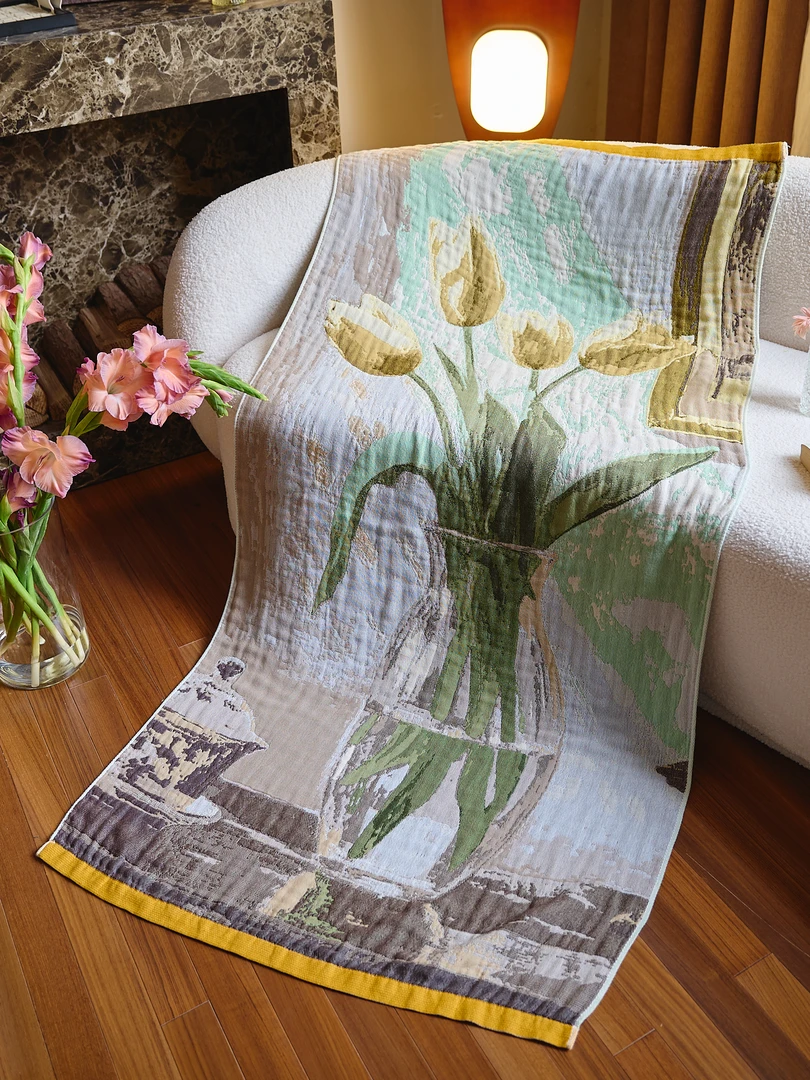 纯棉纱美学水洗棉麻浴巾75+150cm左右艺术感提花工艺（郁金香）