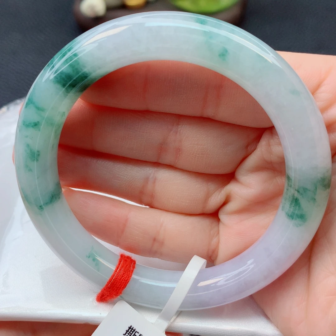 翡翠未镶嵌手镯55-56糯冰莫奈花园飘花圆条