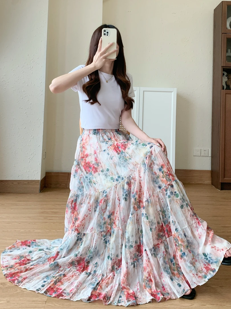2025夏季新款大裙摆碎花半身裙有口袋复古高腰显瘦长裙