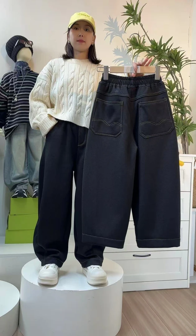 中大童装长裤弯刀直筒裤软牛仔裤冬季加绒裤子