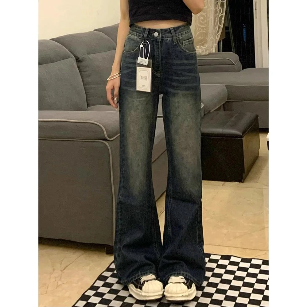 【青青】大码复古蓝微喇牛仔裤女胖mm秋冬显瘦高腰马蹄裤子50010