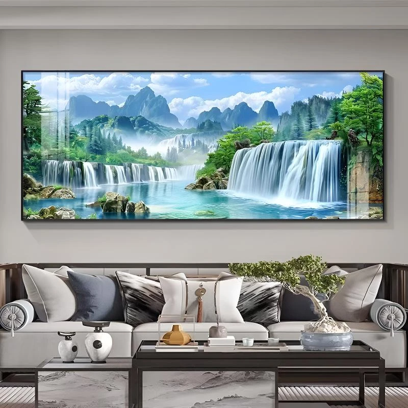 现代山水画客厅挂画2025新款沙发后背景墙装饰画绿水青山风景画