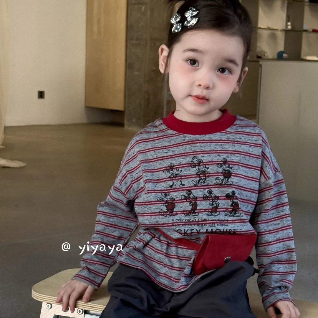 2025早秋新品男女童韩版条纹卡通印花长袖T恤中小童洋气百搭上衣