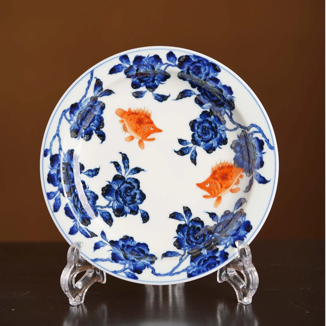 观山见物 青花矾红月季鳜鱼壶承 胎体油润细腻画片精致纯手工手绘