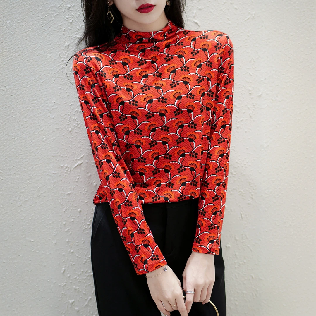 长袖桑蚕丝女上衣时尚优雅中年女士女装打底衫秋款 百搭 气质印花