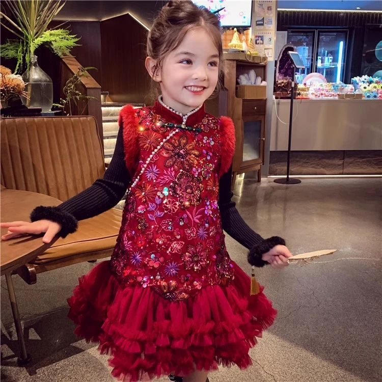 【现货】米米哈罗女童冬款洋气重工珠花绣年服背心裙连衣裙D240400