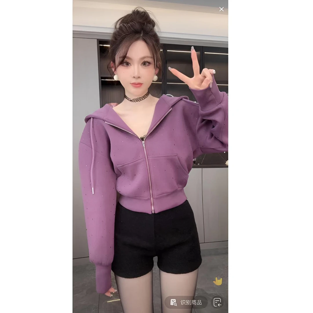 睿夕【满天星】新款连帽拉链时尚烫钻百搭卫衣外套