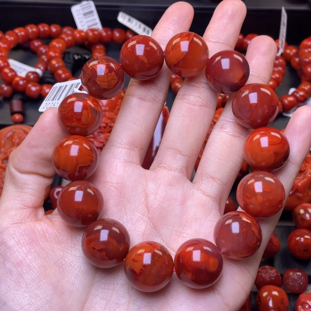南红玛瑙其他未镶嵌y17mm瓦西玫瑰红火焰纹圆珠手串