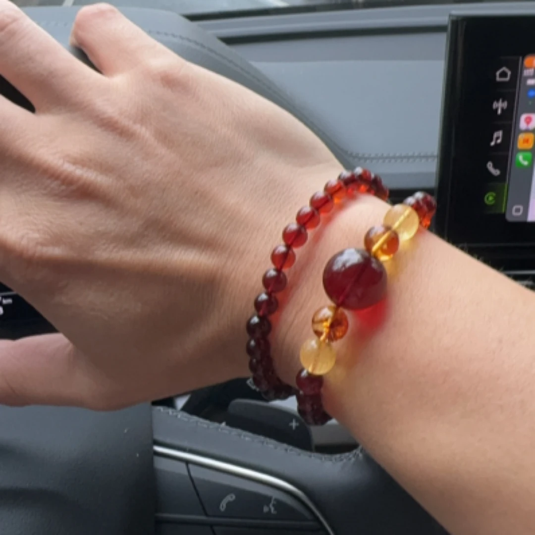 【景轩珠宝】6+8+15+血珀花珀金珀心经圆珠双圈手串设计款轻奢时尚