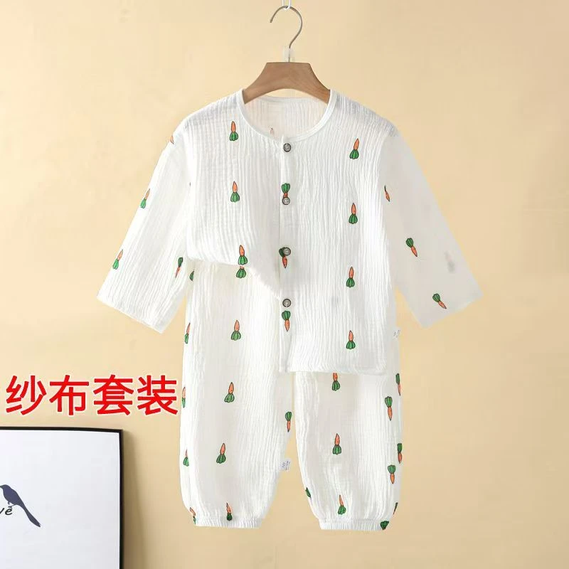 儿童纯棉家具服宝宝七分袖套装纯棉纱布空调服婴儿夏季睡衣透气薄