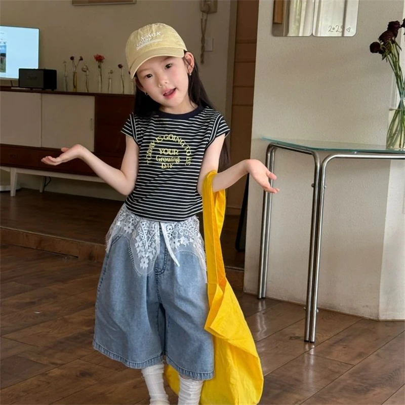 韩系童装夏新款女洋气撞色条纹短袖T恤牛仔短裤休闲百搭潮范套装