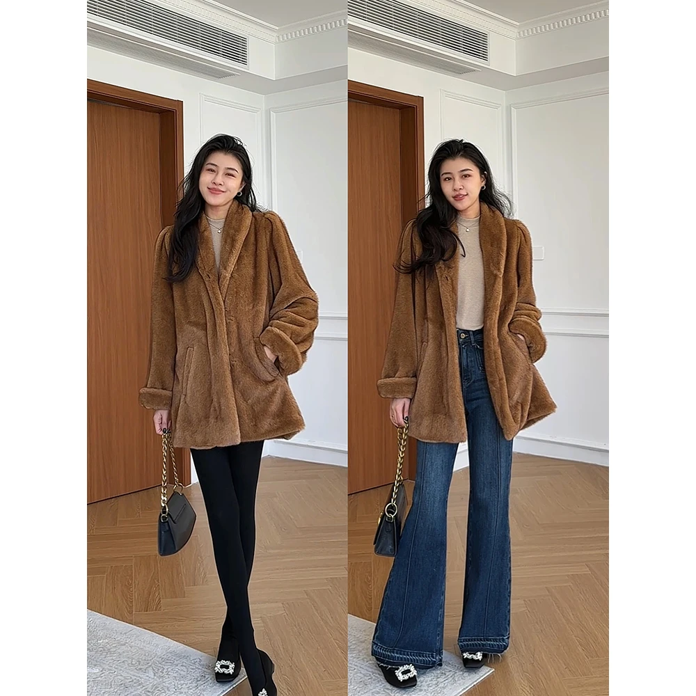 张阿星【金珀琉光】美拉德棕色长款环保皮草外套 W425T19860