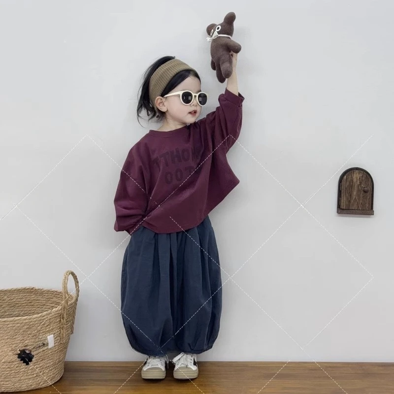 儿童复古森系圆领长袖体恤宽松长裤两件套男女童春秋时尚百搭套装