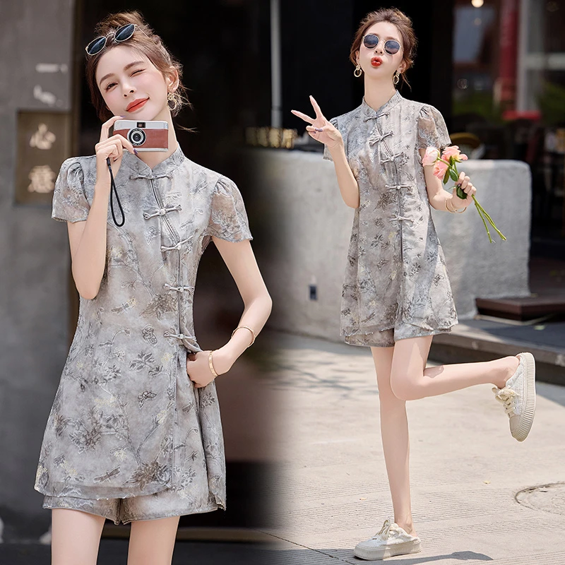 新中式盘扣开叉旗袍裙套装女2025夏新款小个子修身显瘦短裤两件套
