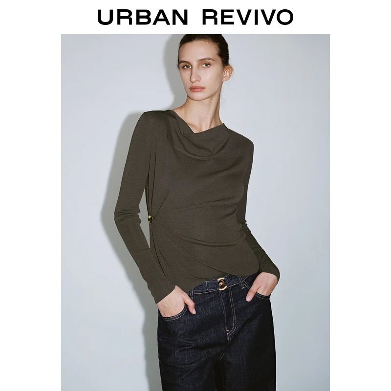 UR2026春季新款女装气质金属扣褶皱长袖针织衫UWG950201+