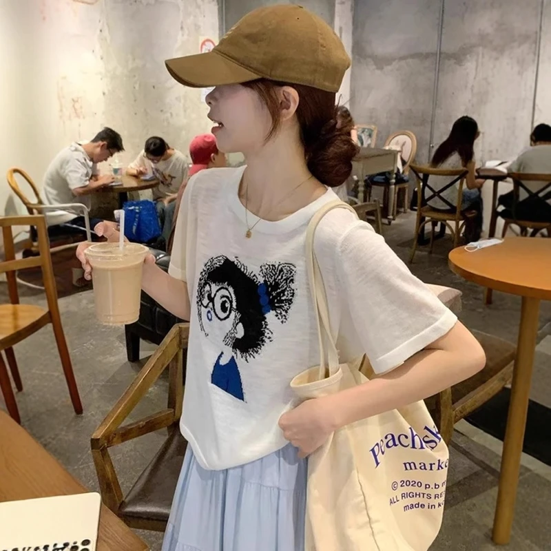 韩系白色卡通印花正肩短袖t恤女薄夏季设计感小众修身竹节棉上衣