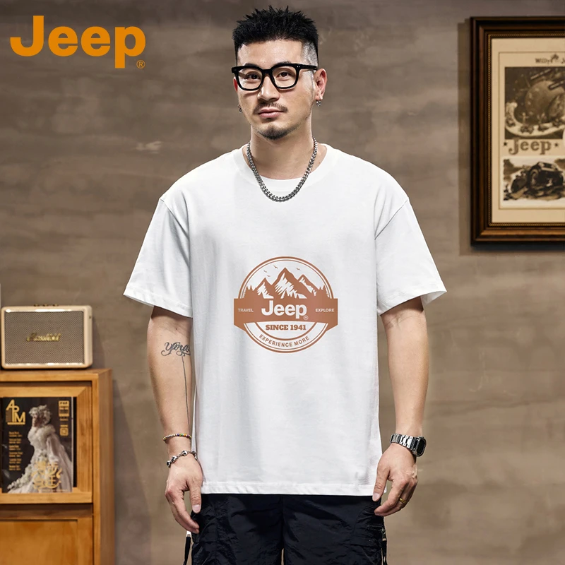 jeep吉普高端重磅纯棉短袖T恤男士2025夏季新款印花宽松圆领体恤t