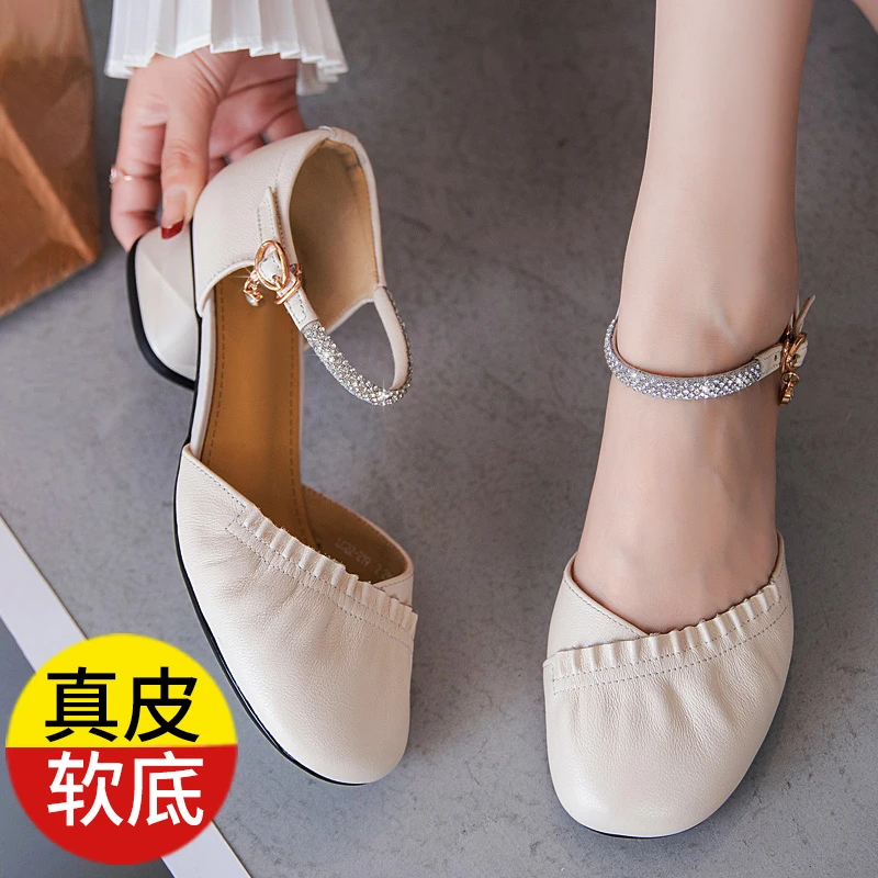 鞋子女款爆款2025新款夏季时装凉鞋粗跟百搭鞋子真皮圆头中跟女鞋