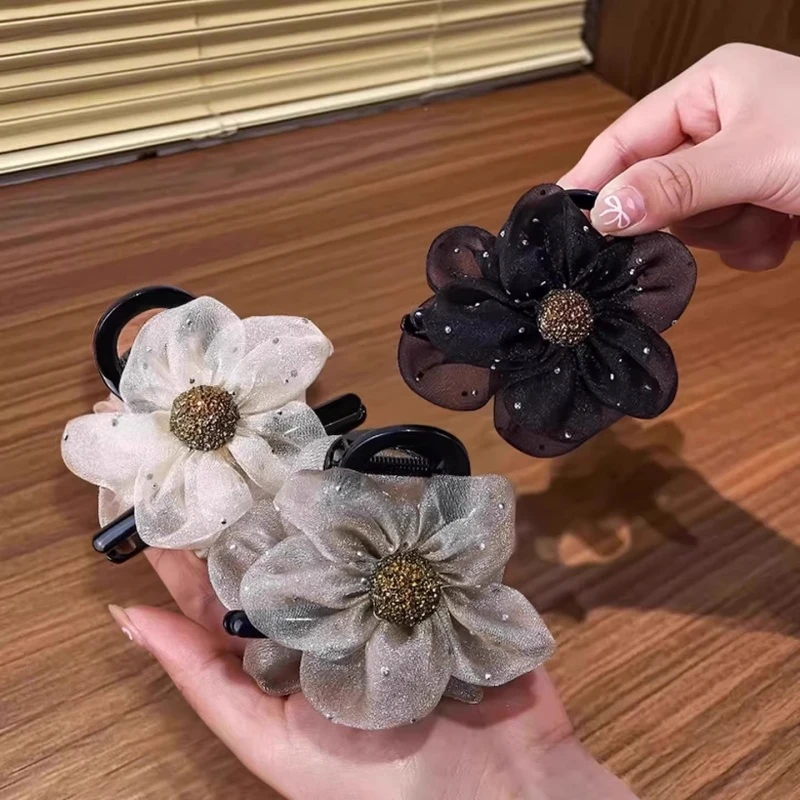 网纱水钻花朵抓夹女高级感轻奢风发夹饱满后脑勺夹子盘发气质头饰