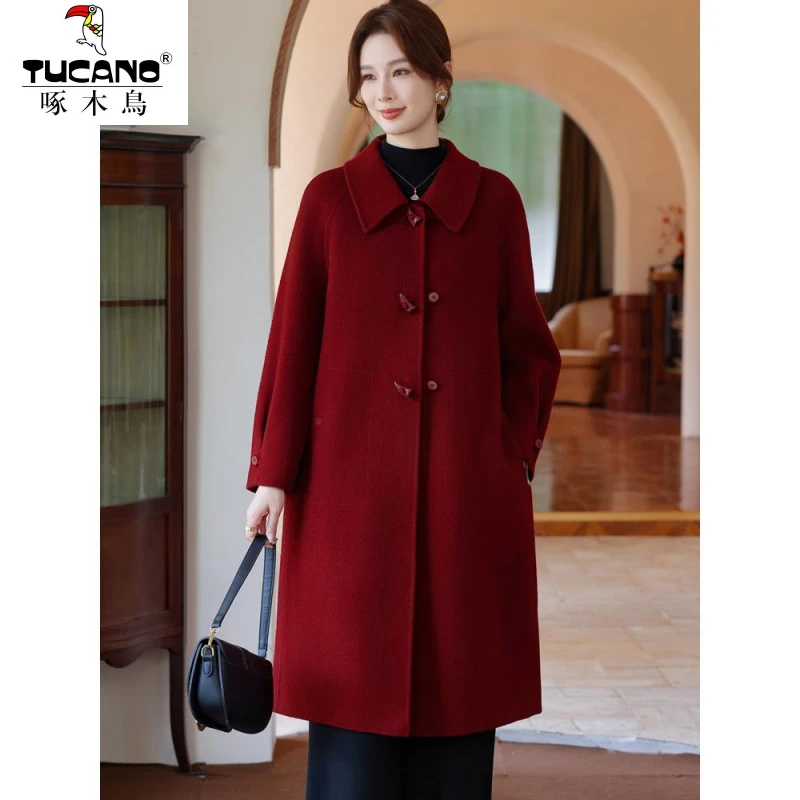 啄木鸟喜婆婆妈妈婚宴秋冬装双面大衣中老年女装洋气呢高贵礼