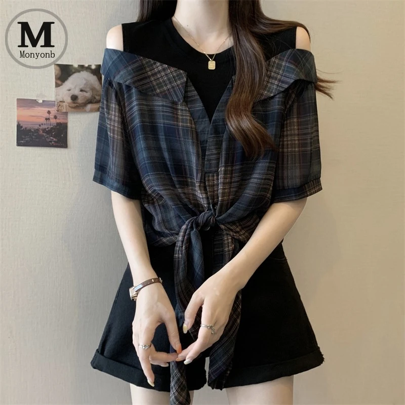 格子衬衫女士短袖夏季薄款2025新款大码设计感小众假两件露肩上衣