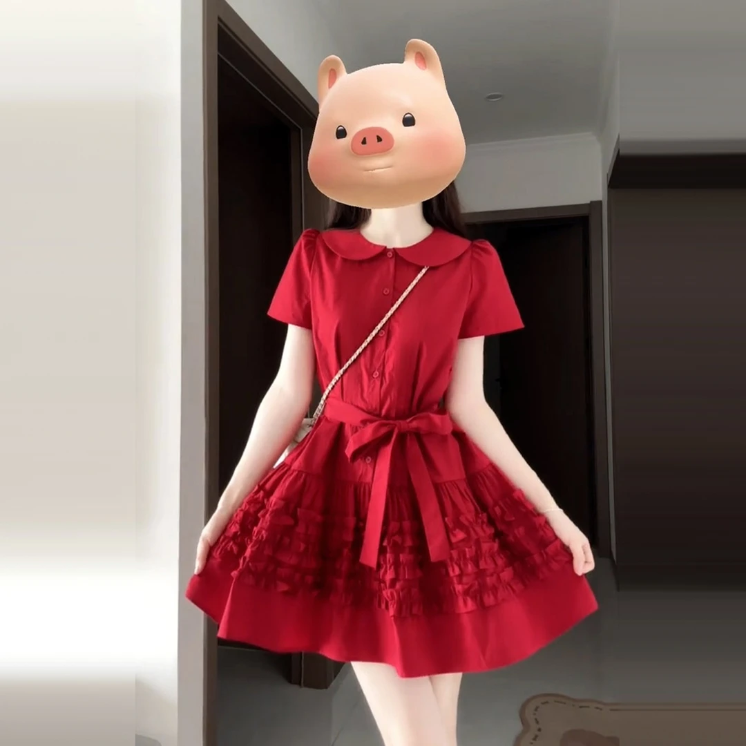 法式娃娃领红色连衣裙子女夏季2025新爆款小个子宽松气质蛋糕短裙