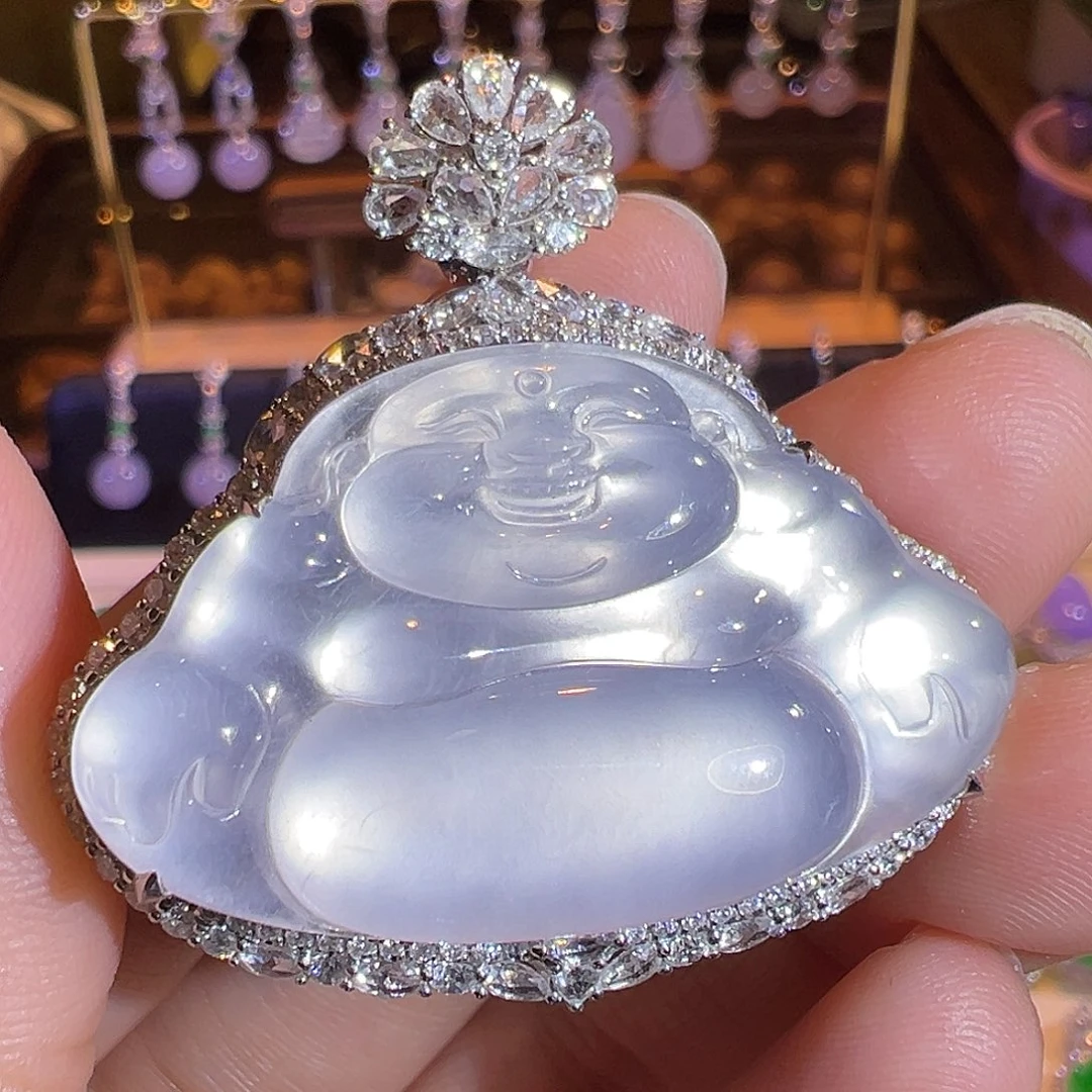 翡翠吊坠(赠链)18K金镶嵌玻璃种茅台白大佛公后盖可拆