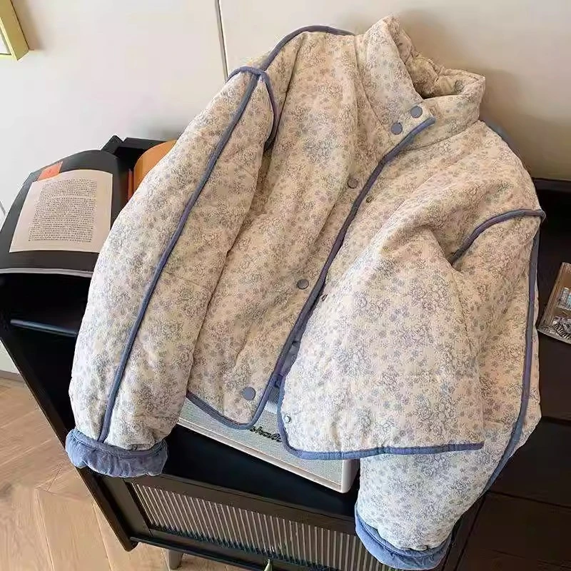 复古小碎花灯芯绒棉服外套女冬季宽松小个子立领加厚保暖短款棉袄