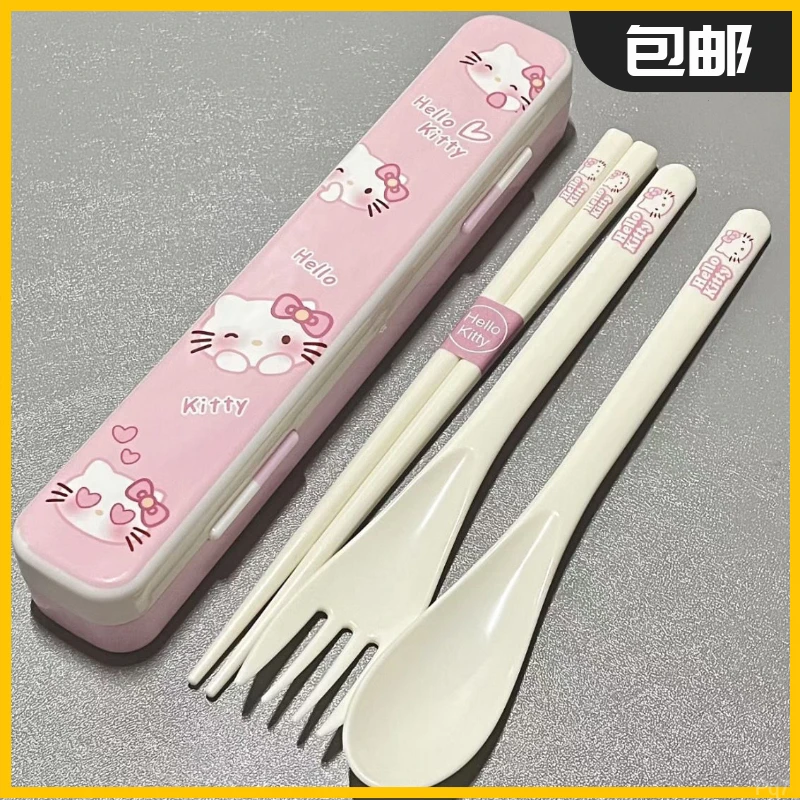 叉子套装勺子丽带学生餐具三件套猫鸥筷子K餐具盒三可爱T便携式