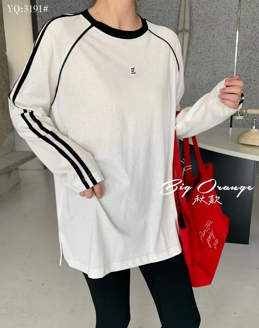（燃燃推荐）秋季新款大码时尚百搭显瘦休闲舒适拼接长袖衫3191