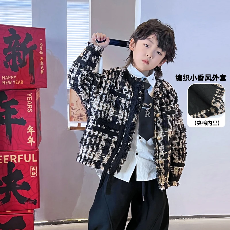 儿童法式编织小香风中大童外套冬季男童气质宽松圆领4119682O3