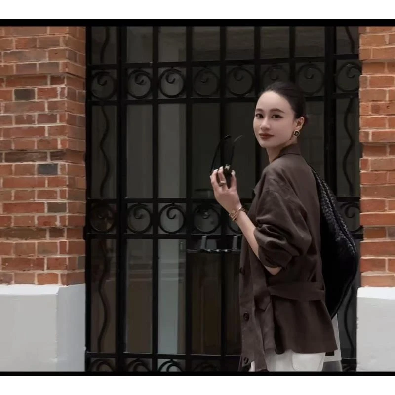 MOON【西野暮色】高端时尚设计老钱风亚麻立领系带外套9930