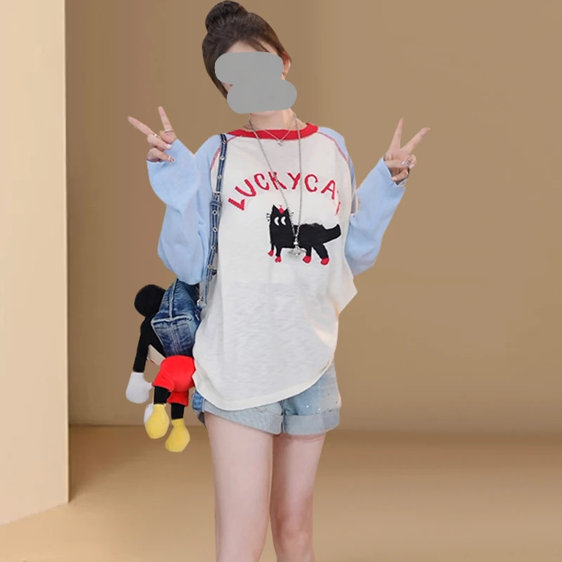 欧货2025春秋新款长袖T恤女慵懒风撞色卡通印花圆领宽松休闲上衣