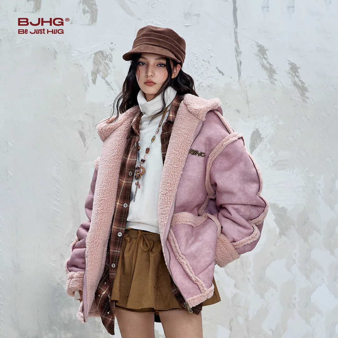 BJHG不计后果美式复古棉服男冬季新款保暖连帽皮毛一体棉衣外套女