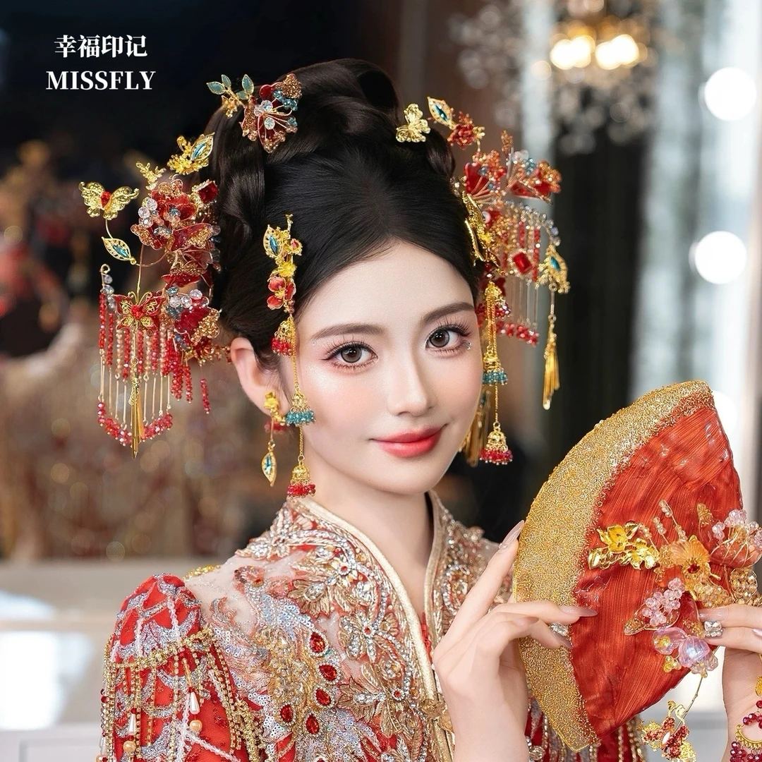 红色秀禾新中式头饰古风新娘旗袍发饰婚礼结婚后区分体发饰减龄
