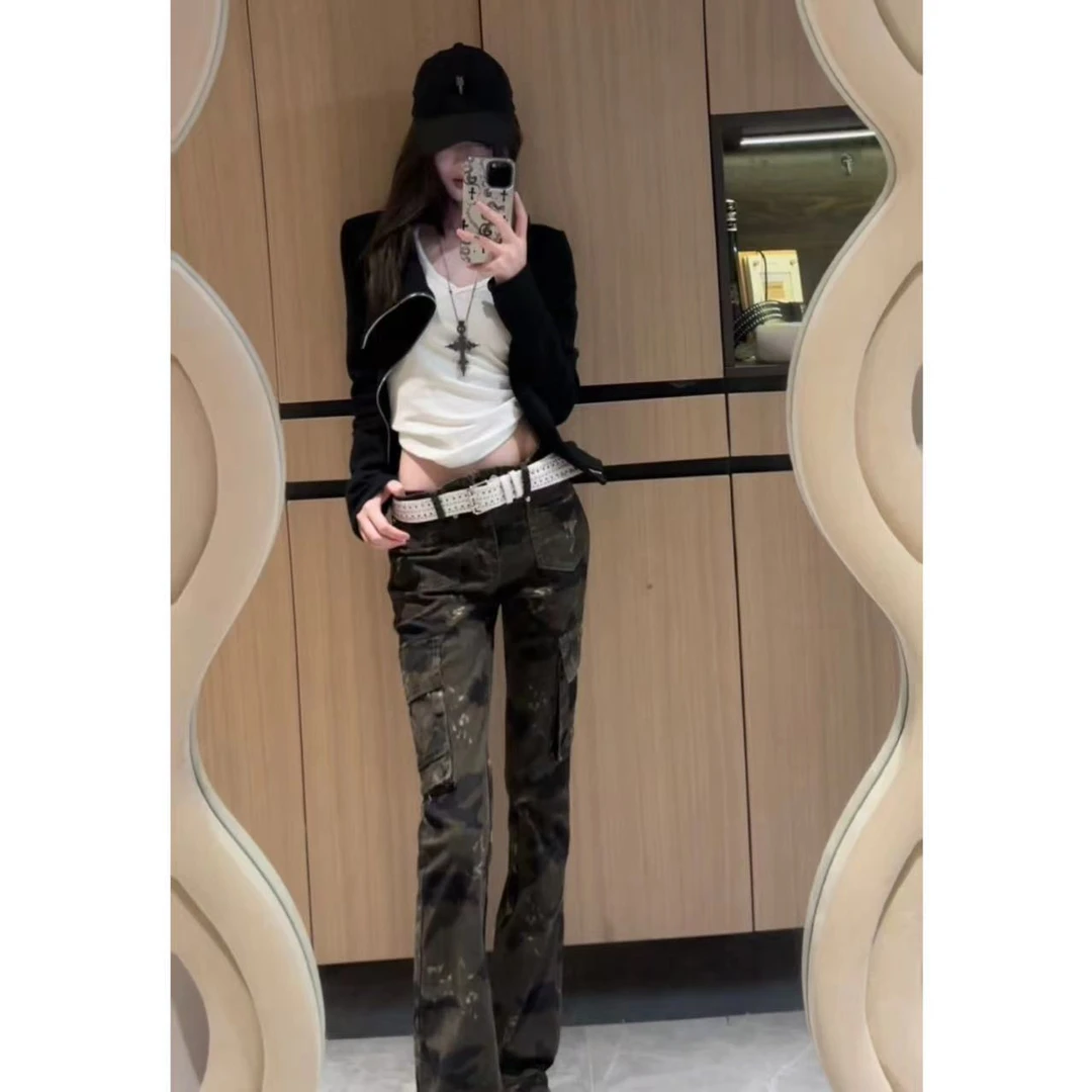 INSERT辣妹低腰美式复古迷彩修身微喇工装裤