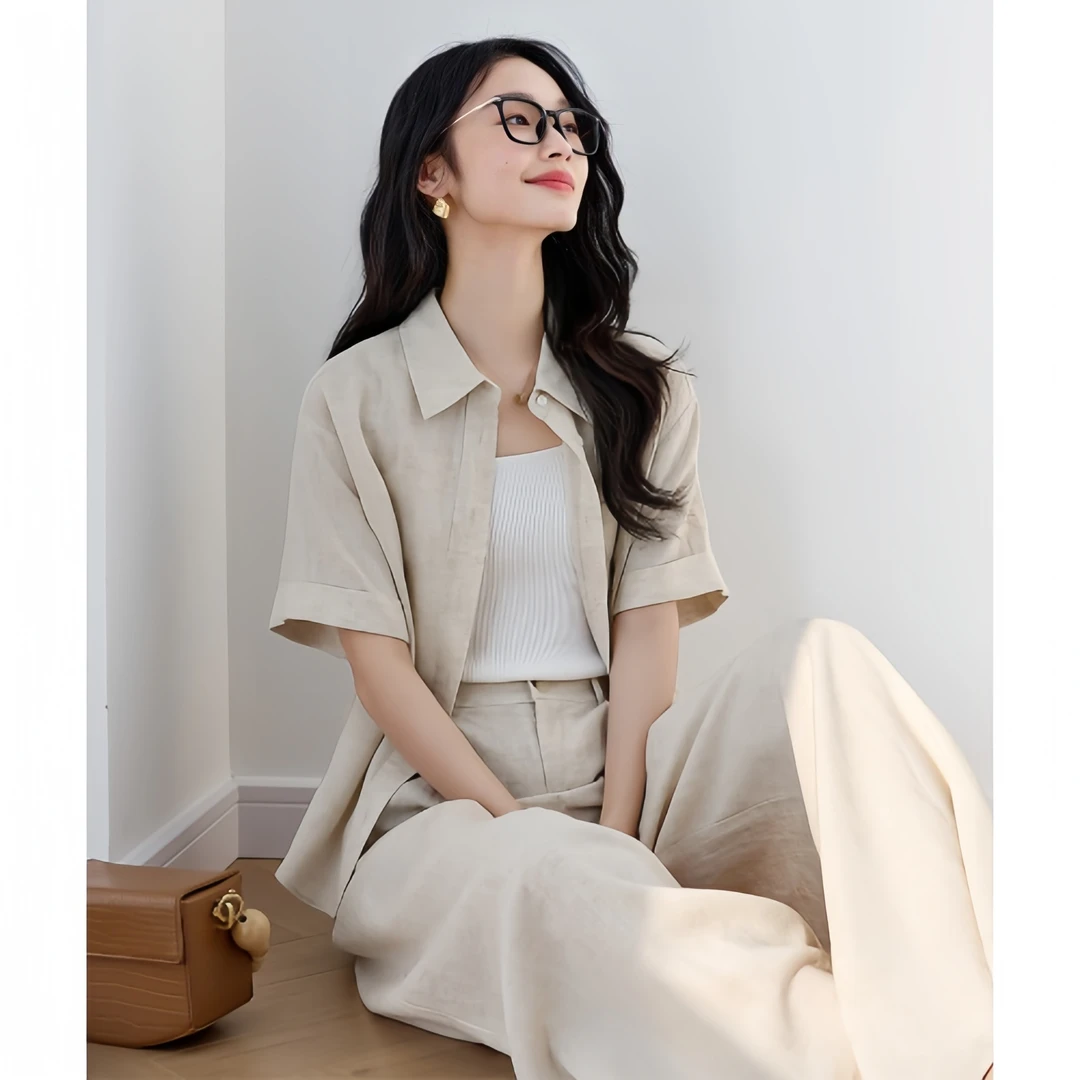 时尚亚麻休闲衬衫套装女2025夏季宽松短袖上衣高腰阔腿裤两件套