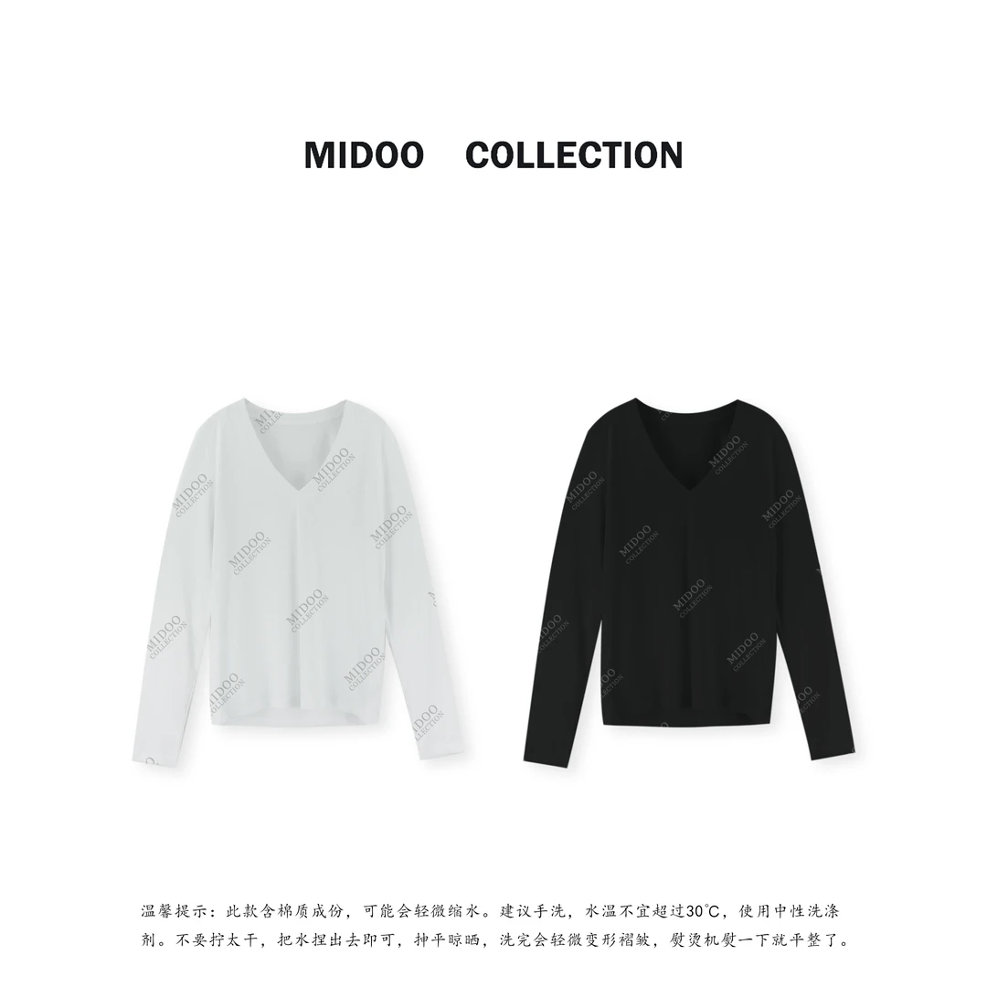 MIDOO ‘简洁随性’薄溜显瘦V领净版宽松长袖T恤