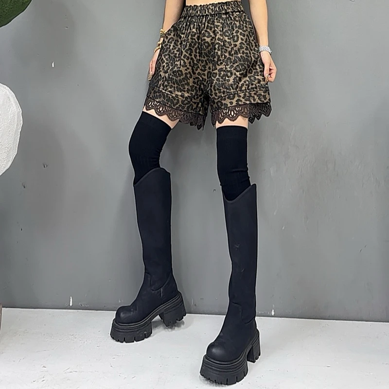 蕾丝皮短裤女2024新款秋季外穿高腰大码百搭a字阔腿pu皮裤-1165-1