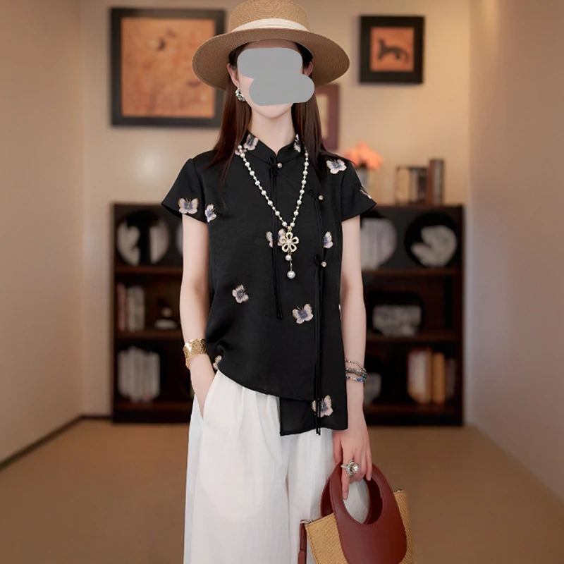 新中式高级感印花蝴蝶上衣女2025夏季新款松紧腰设计感灯笼裤套装