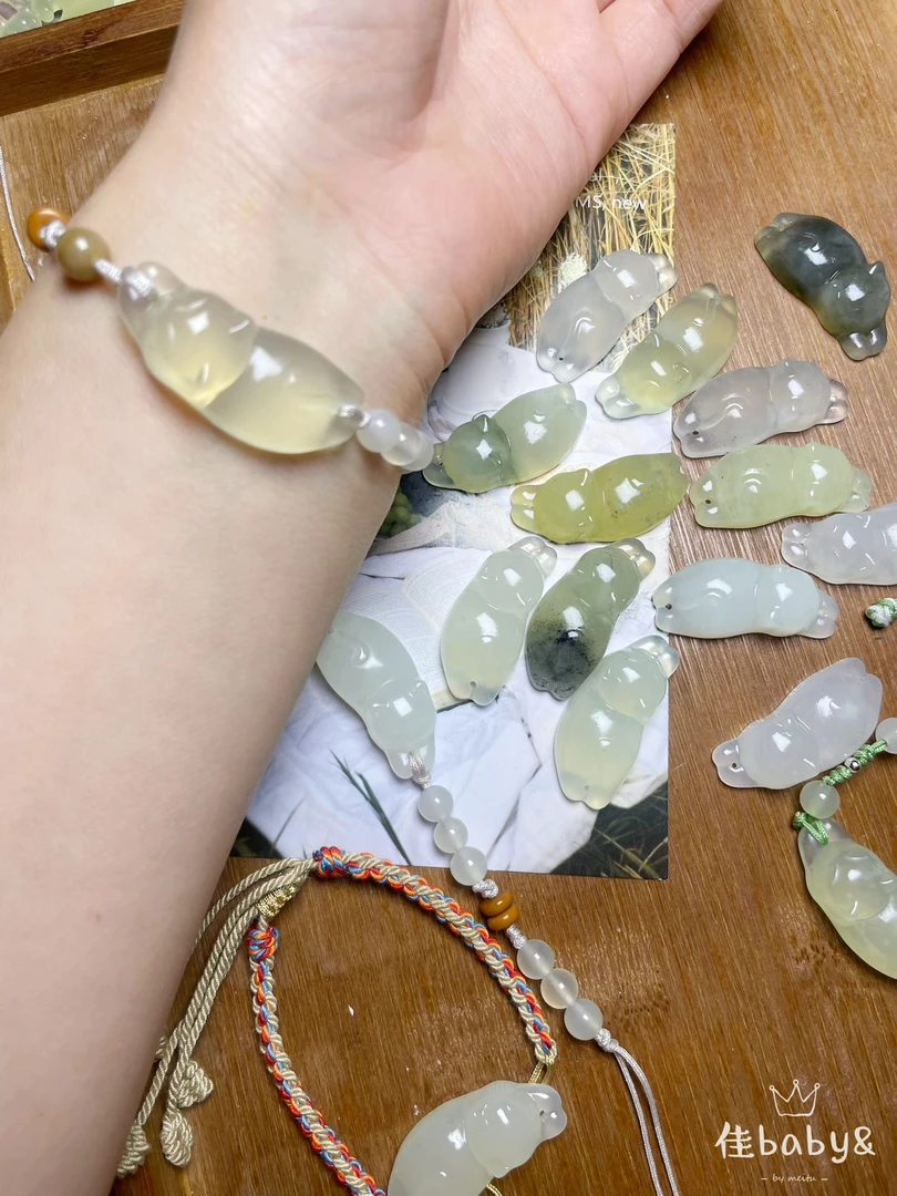 天然岫玉蛇纹石玉 水墨手工编织趴趴猫手链（选款式联系客服）