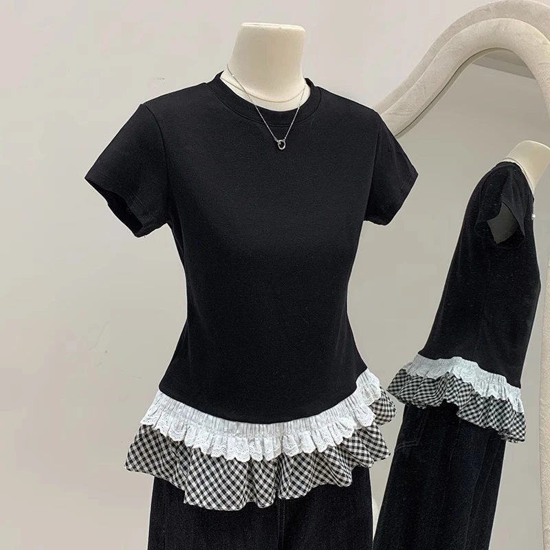 小婉薇 韩系黑色荷叶边拼接短袖T恤女春夏新款圆领内搭打底衫上衣