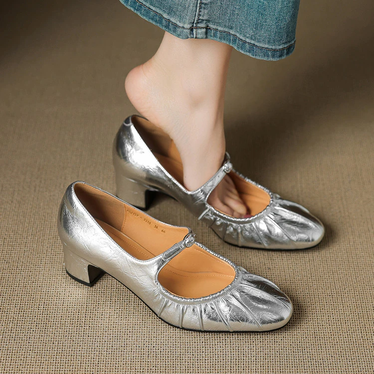 【米兰】2025新款羊皮4.5cm跟芭蕾舞鞋法式气质褶皱高跟玛丽珍单鞋