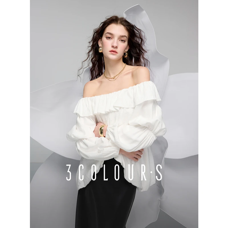 三彩2025春季新款荷叶边小衫一字领宽松灯笼袖上衣氛围感S