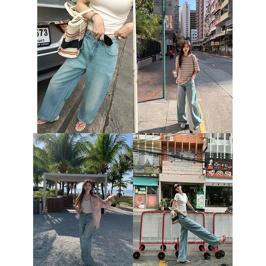 张贝贝 半蓝海岛 环保水洗 经典水洗蓝直筒牛仔裤